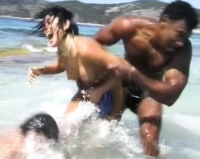 Georges German babe getting an interracial threesome at the beach